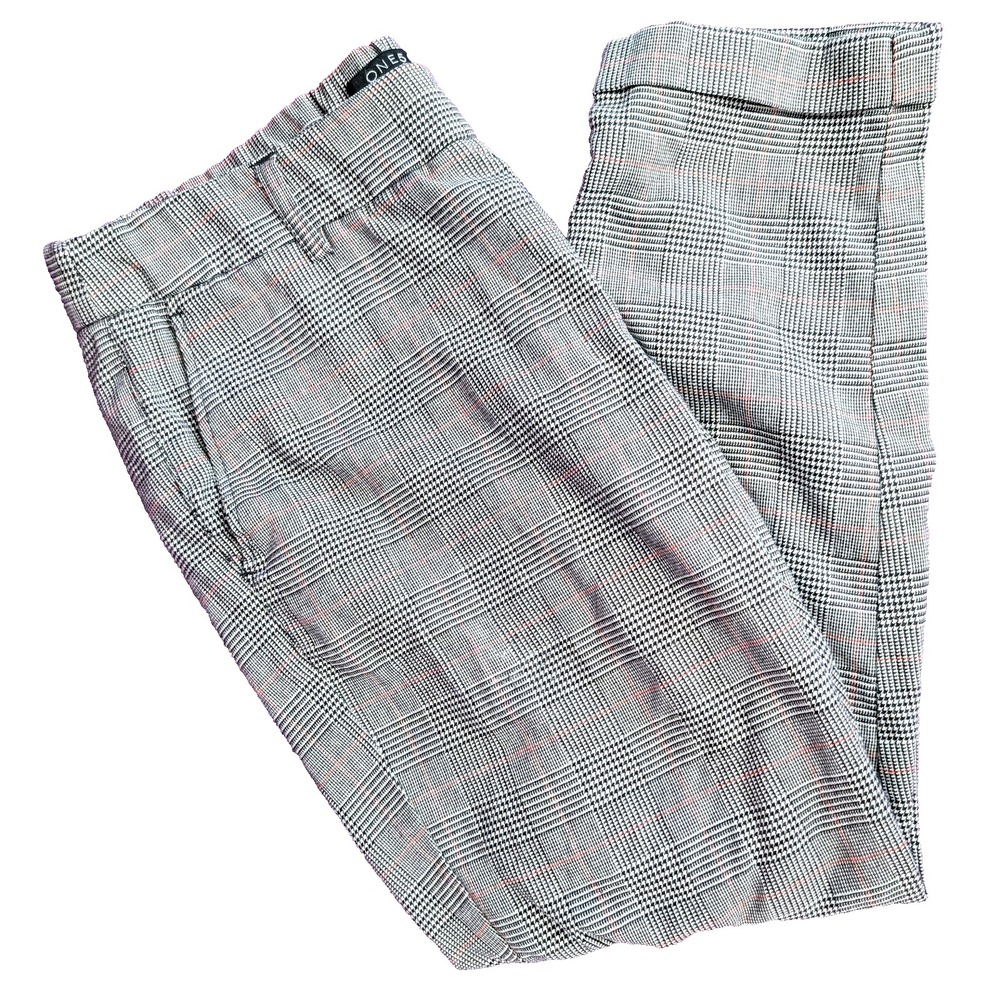 One 5 One Gray Houdnstooth Plaid Red Line Cuffed Capri Pants M